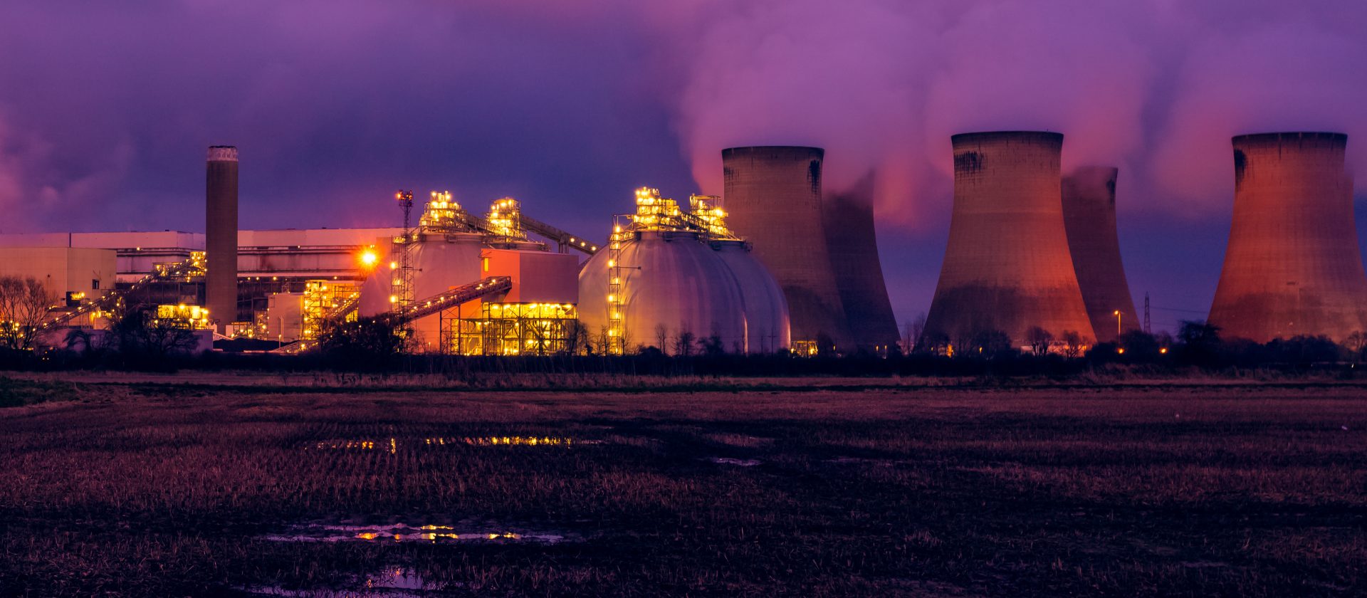 Drax Power Station with biomass storage domes lit up